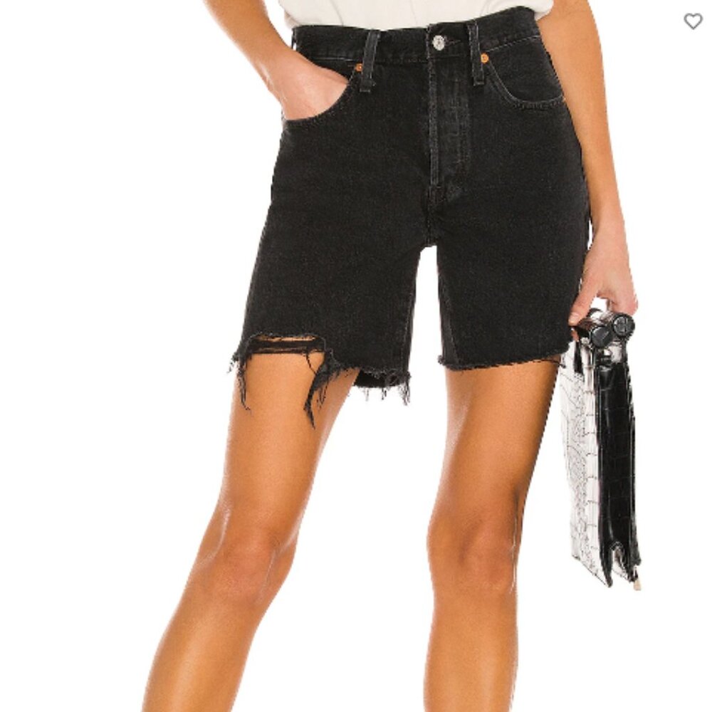 Levi's Black Distressed 501 Mid Thigh Short